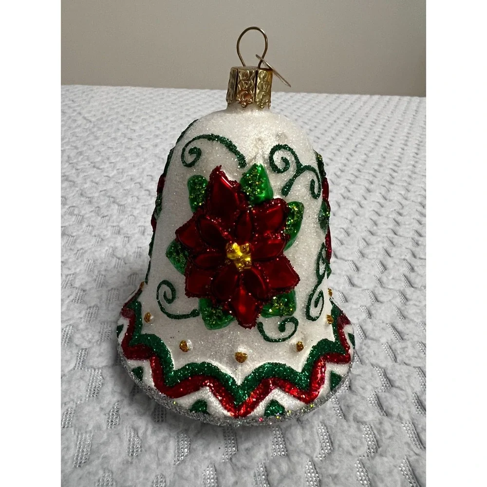 Old World Christmas Hand Blown Glass Bell Ornament Poinsettia‎ OWC Cottagecore